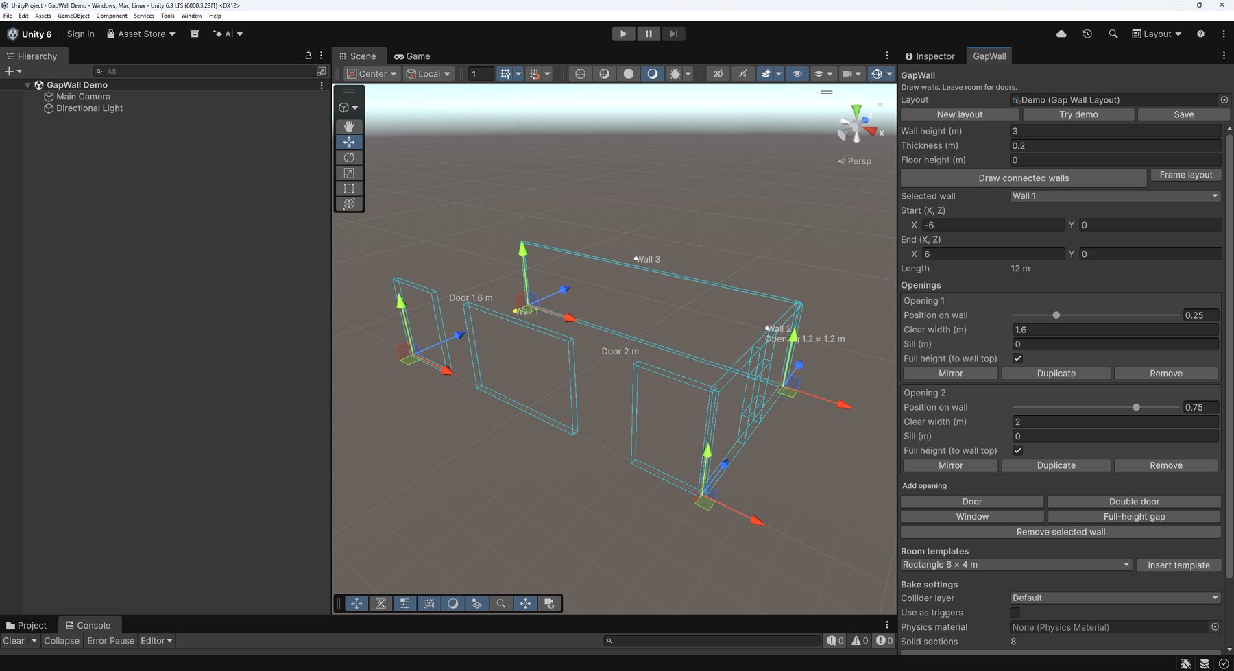 Unity 6.3 editor with the GapWall window docked and a demo room in the Scene View